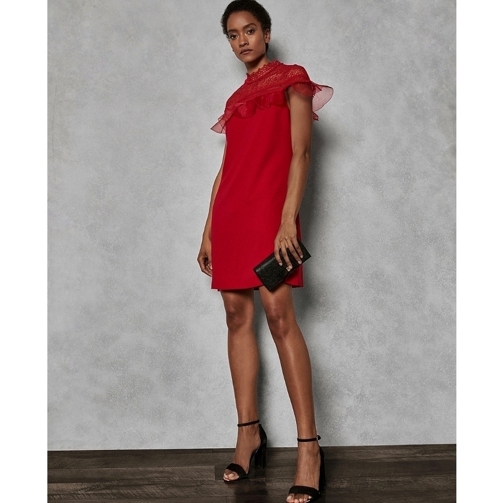 🌸 NEW Ted Baker |Red Ruffle Shift Dress 6 - Picture 2 of 16